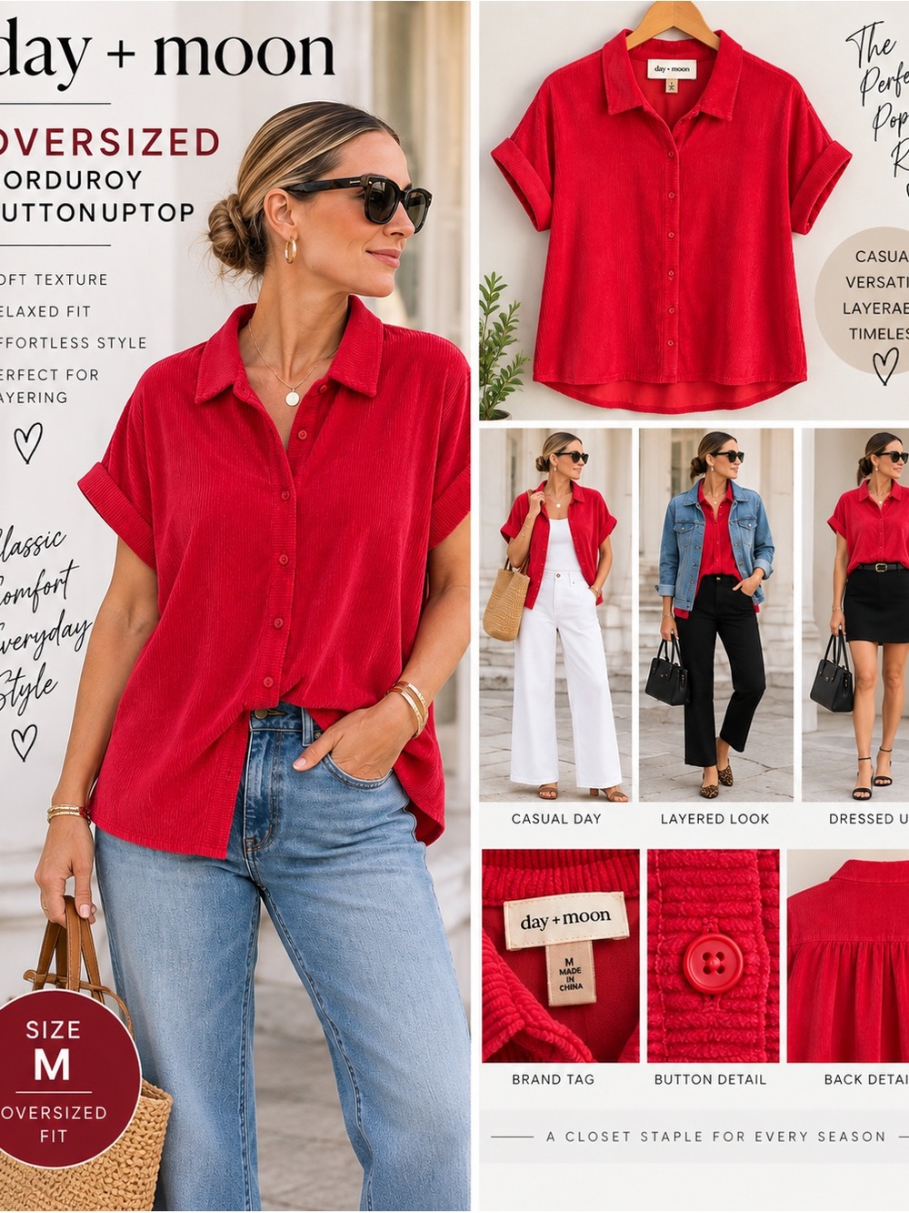 Women's Oversized Red Corduroy Button-Down Shirt - Classic Collar